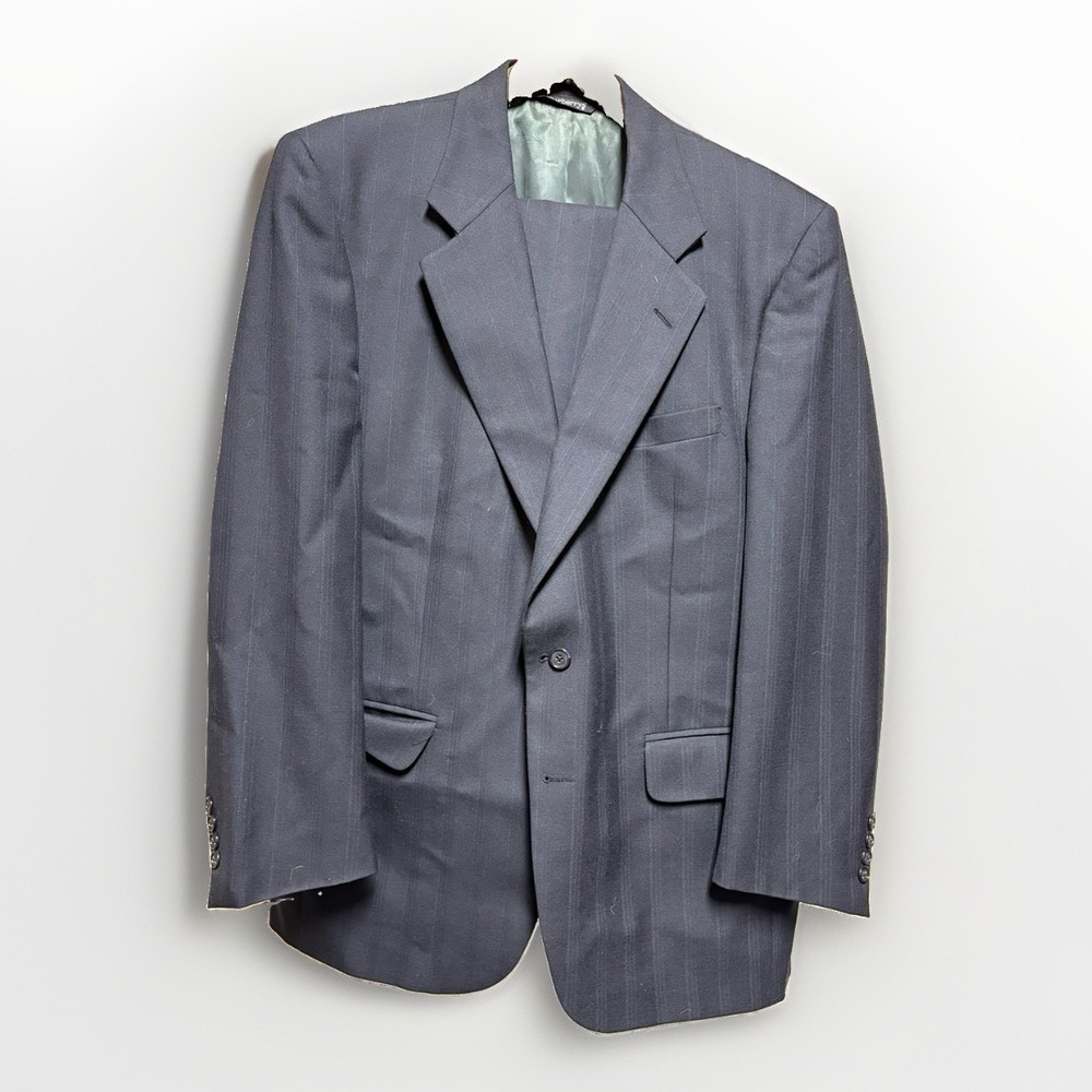 Vintage Burberrys Mens Dark Blue Striped Wool Suit Blazer 36x28 Pants